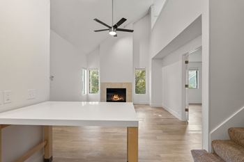 Comfortable room with fire and fan